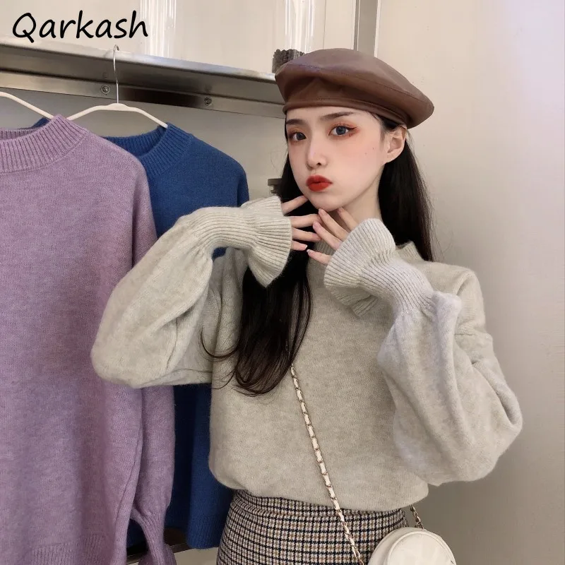 

Pullovers Women O-neck Sweater Knitwear Warm Pure All-match Cozy Popular Daily Vintage Tender Ulzzang Puff-sleeve Stylish Ins
