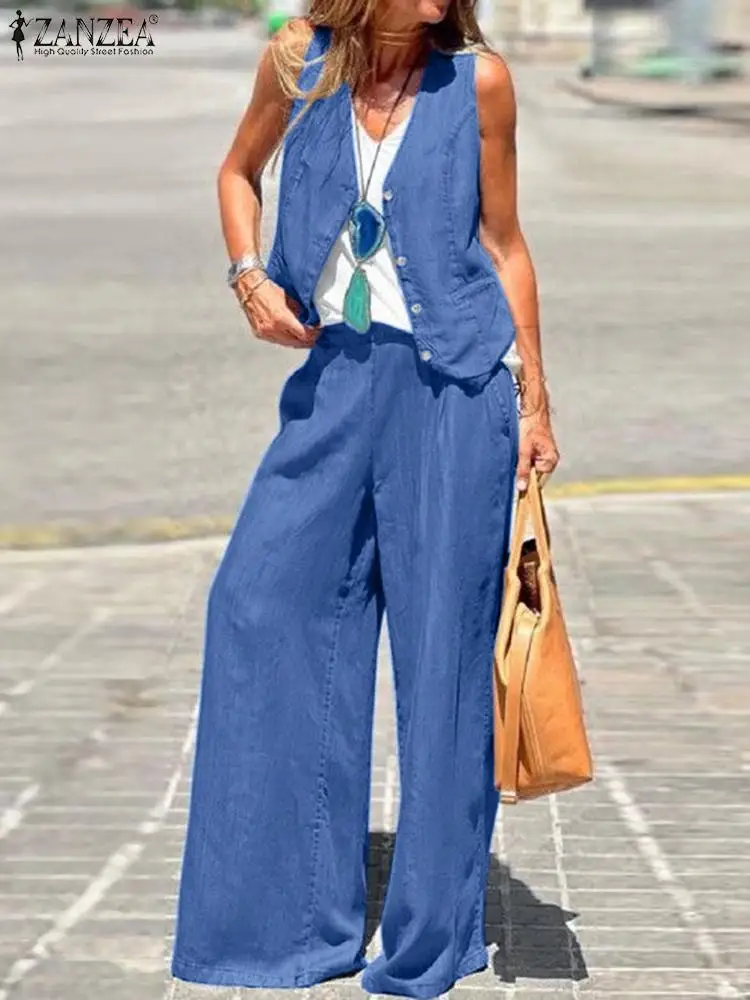 

2PCS Fashion Women Denim Matching Sets Summer Sleeveless Vest Tops Wide Leg Pant Sets ZANZEA Casual Holiday Outifits Tracksuit