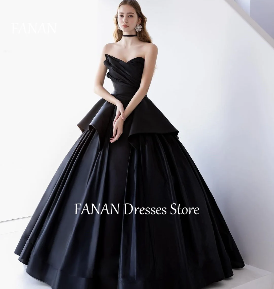 

FANAN A-Line Strapless Tiered Evening Party Dresses Black Satin Korea Simple Wedding Women Formal Gowns Event Prom Gowns