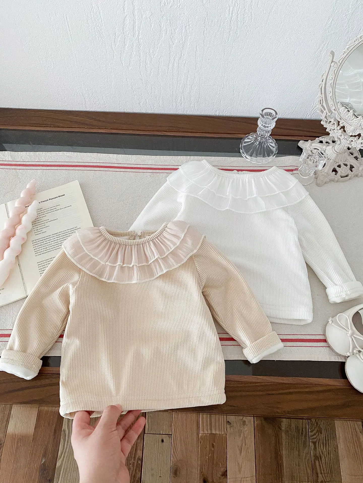 2025 Winter New Baby Girls Ruffle Collar Fleece Tees Infant Solid Bottoming Shirt Toddler Girls Plus Velvet Thick Warm Tops 17 S7559a6debca64553a1883c02f08a57a5p