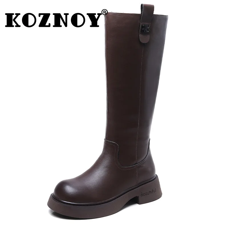 

Koznoy 5cm British Chimney Zip Spring Flats Boots Autumn Ladies Natural Genuine Leather Fashion Knee High Booties Women Shoes