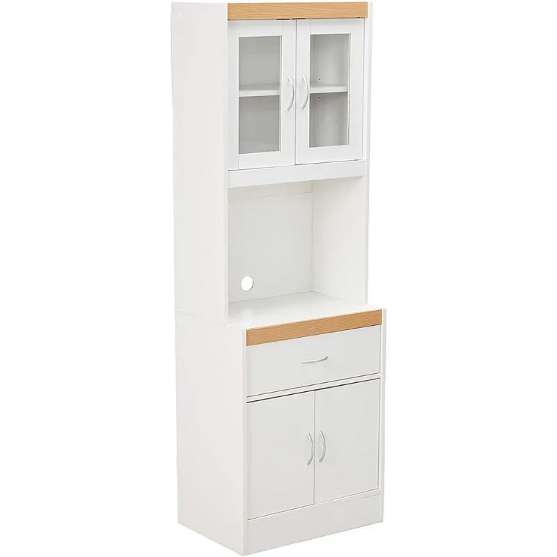 

Hodedah Long Standing Kitchen Cabinet with Top and Bottom Enclosed Cabinet Space, One Drawer, Large Open Space for Microwave