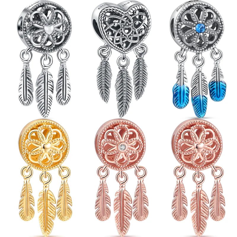 

925 Silver Blue Gold Rose Gold 3 Feathers Dreamcatcher Dangle Charm Beads Fit Original Pandora Charms Bracelet DIY Jewelry Gifts