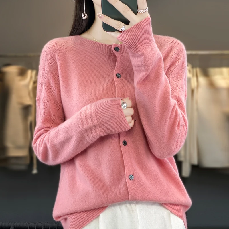

100% Merino Wool Cardigan Jacket Women's Spring/Autumn New O-Neck Long-sleeve Loose Cashmere Knit Sweater Korean Fashion Coat