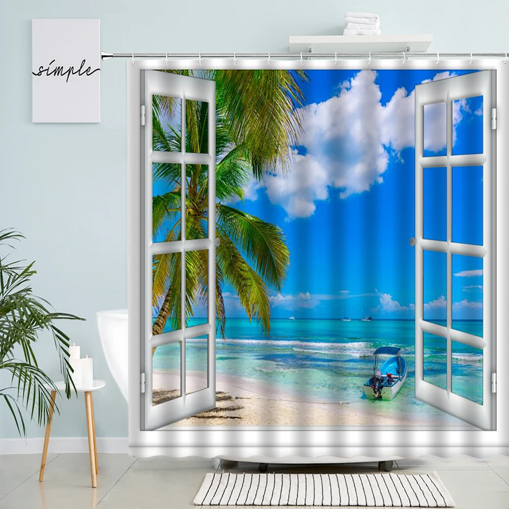 

Шторы для душа с белым окном, занавески для пляжа, пальмы, морской волны, лодки, гавайский пейзаж, ткань для ванной, декор для ванной