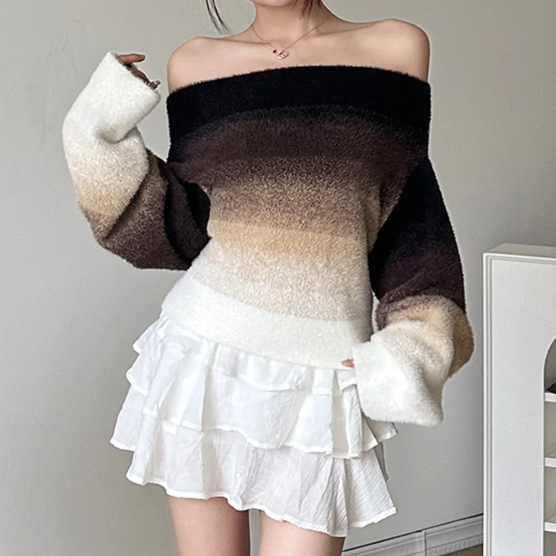 

2024 Spring Fashion Korean Pullover Oversize Women Sweet Sexy Off Shoulder Gradual Color Loose Sweater Lazy Casual Knitted Tops