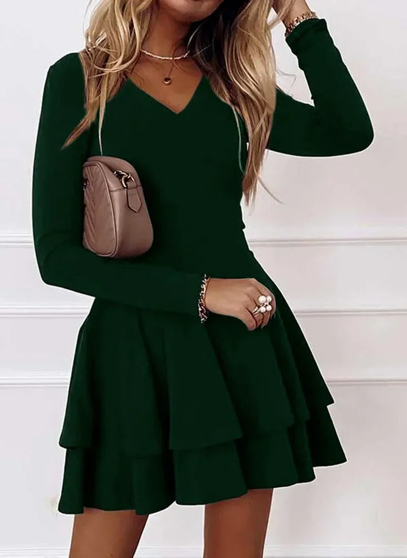 Women Elegant V-Neck Ruffles Mini Dress Solid Colors Long Sleeve Casual Commute Sheath Dress Autumn Winter Office Lady Clothing
Women Elegant V-Neck Ruffles Mini Dress Solid Colors Long Sleeve Casual Commute Sheath Dress Autumn Winter Office Lady Clothing