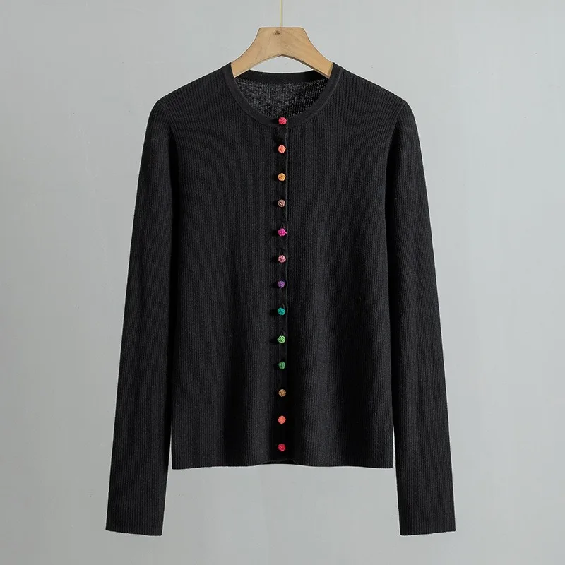 

2024 Early Spring Hubei Niche Design New Chinese Style Colorful Knitted Cardigan New Style Silk Cashmere Top for Women