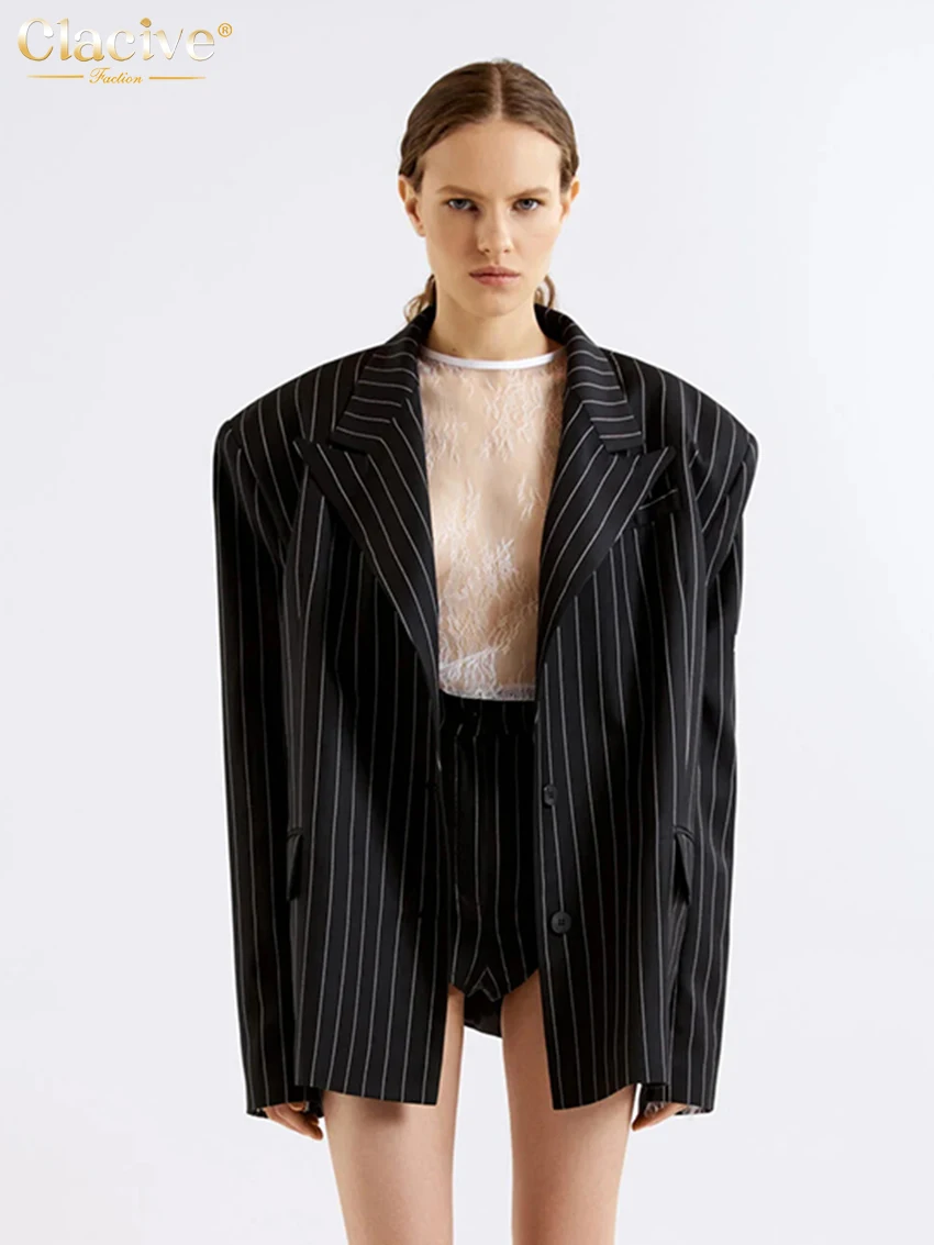 

Clacive Fashion Loose Stripe Print 2 Piece Sets Women Outfit 2024 Elegant Long Sleeve Blazers With High Waist Shorts Set Female