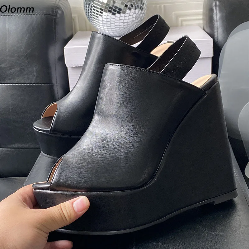 

Olomm Handwork Women Summer Platform Mules Sandals Comfort Wedges Heels Peep Toe Classics Black Boutique Shoes US Plus Size 5-20