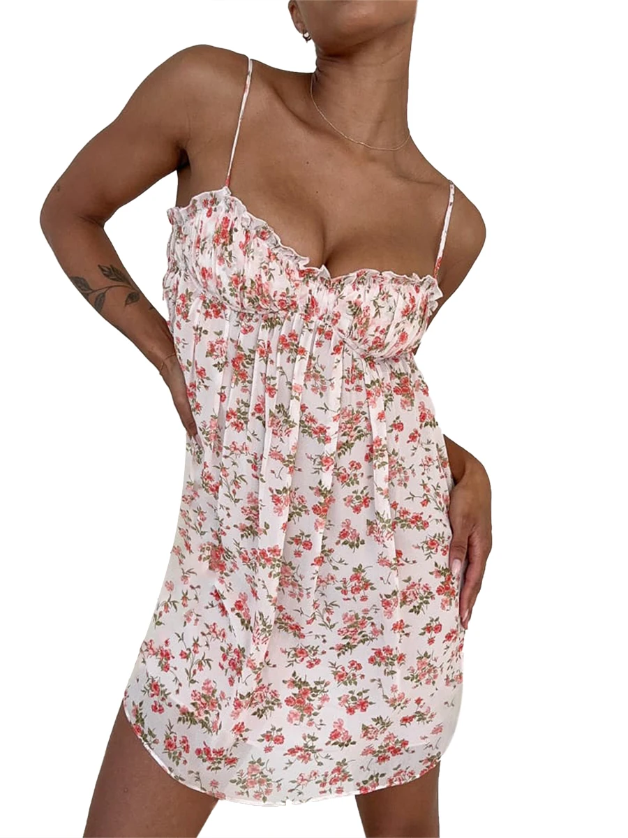 

Женское цветочное бюстье Y2k, короткое платье, богемные цветочные платья-трапеции без рукавов на бретелях-спагетти, мини-сарафан с глубоким вырезом (розовый цвет)