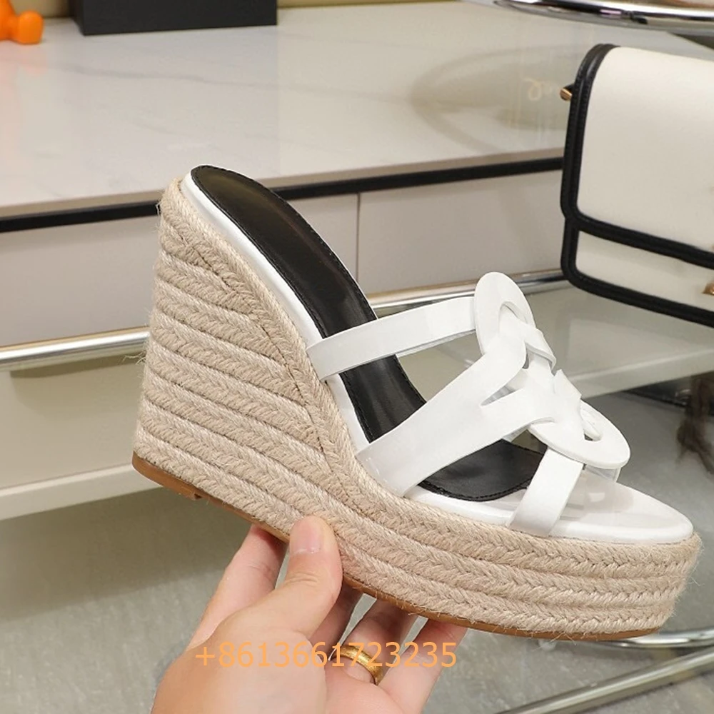 

Corss Strap Patent Leather Platform Espadrilles Women Sandals Wedges Slip On Fashion Heels Open Toe 2024 Summer Newest Slides