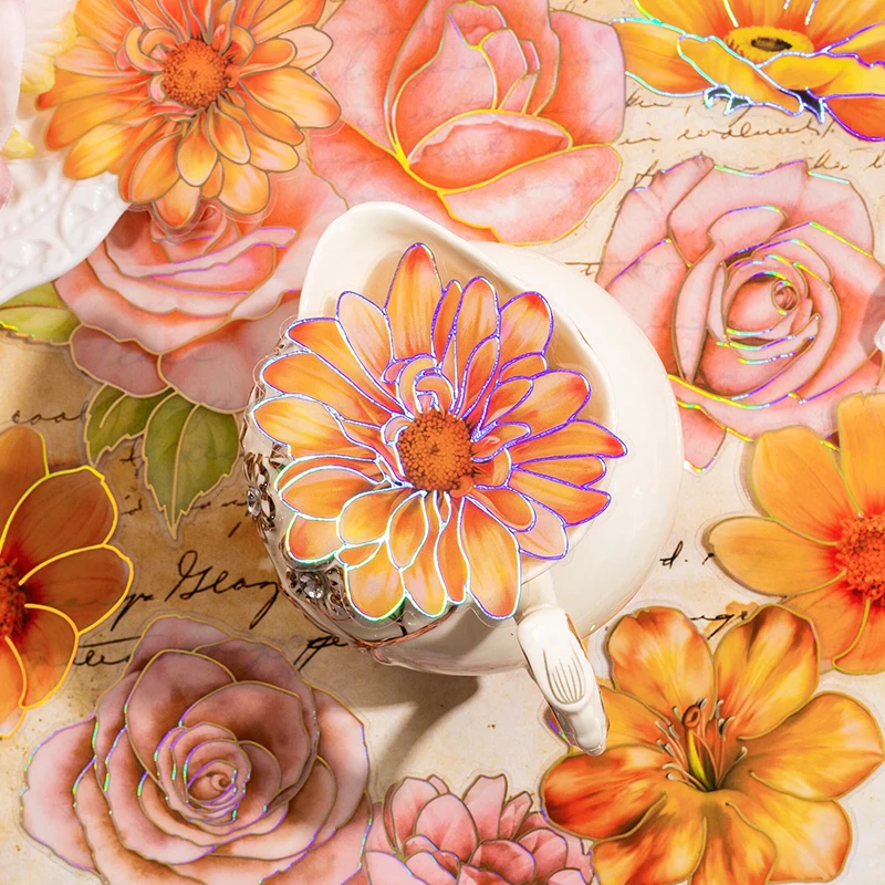 

10Sheet Stickers Rose Flower Blooming Stickers three-dimensional laser gold plant handbook Material White camellia 147*86mm
