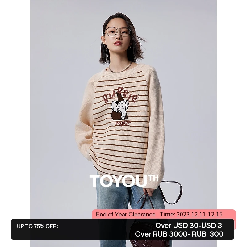 

Toyouth Women Striped Sweater 2023 Autumn Long Sleeve Round Neck Loose Knitwear Elephant Embroidery Fashion Casual Apricot Tops