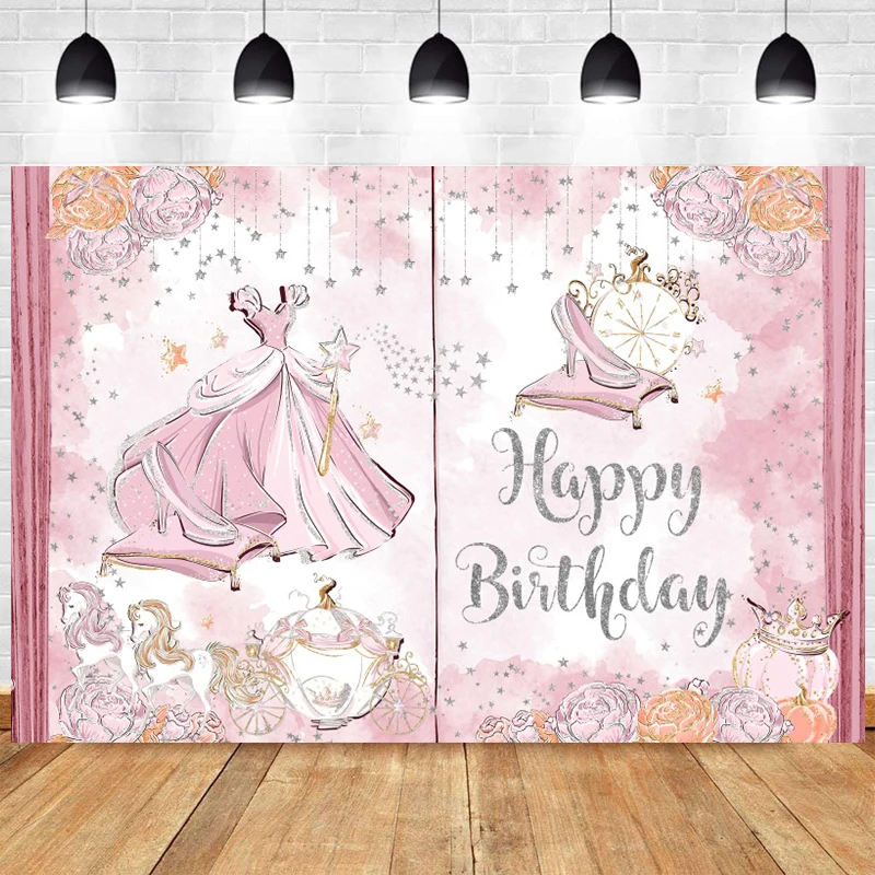 

Pink Cinderella Once Upon a Time Backdrop Disney Princess Happy Birthday Banner Wedding Story Book Party Decorations Background