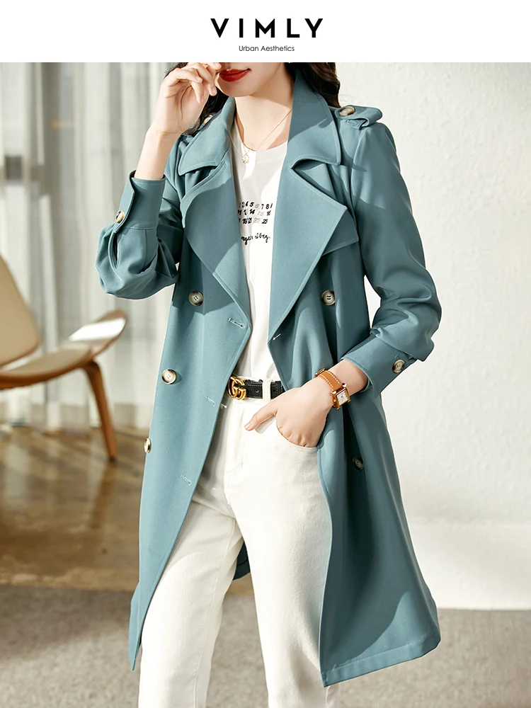 

Vimly Tie Belt Waisted Long Trench Coat for Women 2023 Spring Autumn England Style Elegant Double Breasted Jackets Outwear V1136