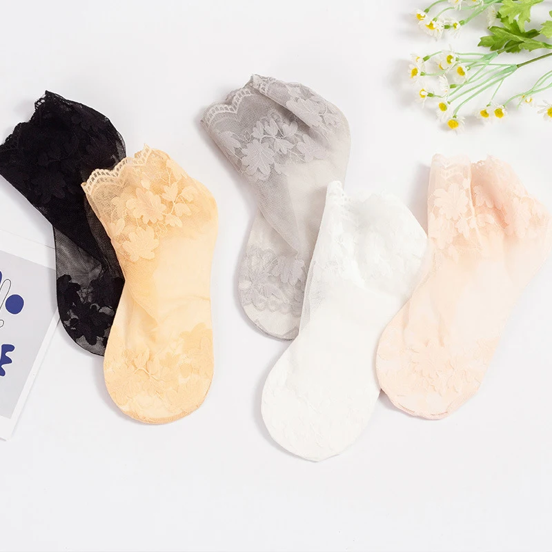 

1 Pairs Summer Pure Cotton Women Socks Leaves Lace Invisible Thin Ladies Boat Hollow Non-slip Shallow Gauze Stockings