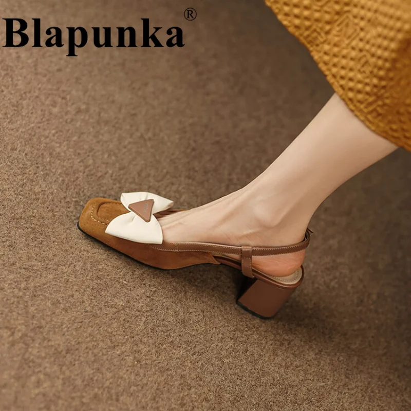 

Blapunka Women Sheep Suede Pumps Thick High Heeled Lovely Sweet Bow-Knot Shoes Woman Chunky Heels Buckle Slingbacks Spring 33-40