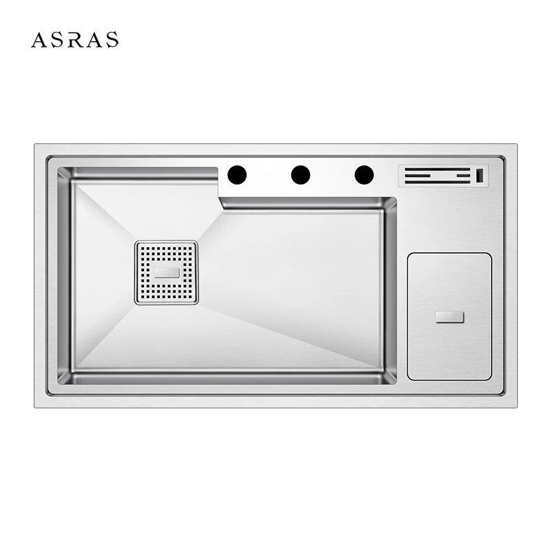 

Asras 8848L SUS304 handmade kitchen sink multipurpose trash bin fine brushed with drainer and tap