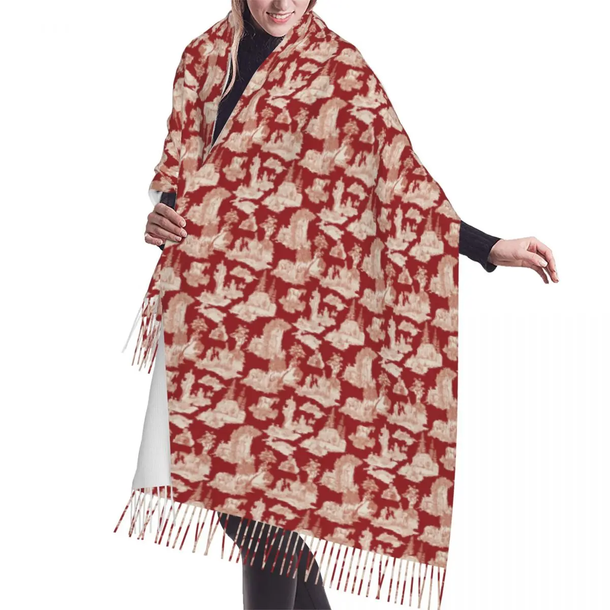 

Lady Long French Toile De Jouy Red Pattern Scarves Women Winter Fall Thick Warm Tassel Shawl Wraps Traditional France Art Scarf