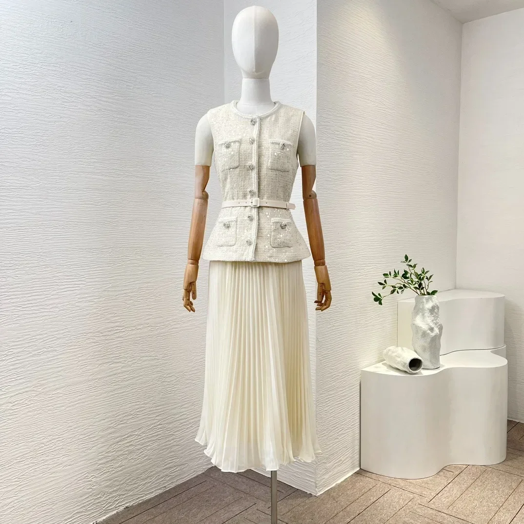 

2024 Spring New Ivory Sleeveless Tweed Patchwork Ruched Pleat Fake Two Piece Elegant Women Midi Dress
