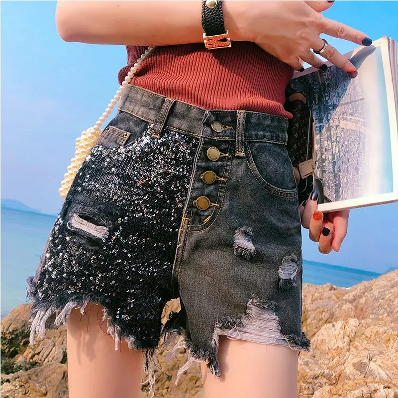 

Short Pants for Women To Wear Denim Sequin Ripped Womens Shorts with Rhinestones Sexy Jeans Mini Classic Aesthetic XL Cheap Hot