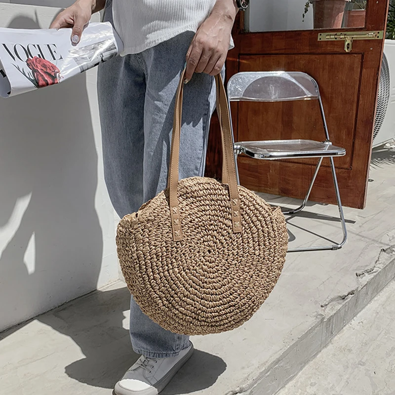 Round Woven Straw Beach Bag - Travel Tote 14 S7583835d647743369a8760d45f4e7b2fR
