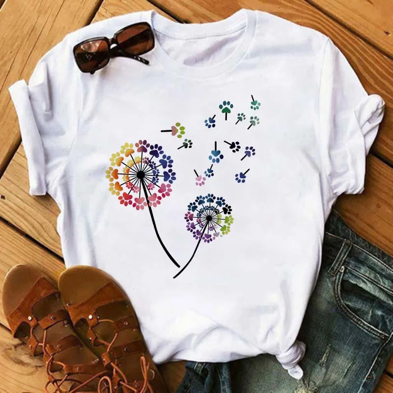 

Summer T shirt Women Clothing New Dog Paw Dandelion Printed TShirt Lady kawaii Clothes Short Sleeve Tees Tops femme t-shirt