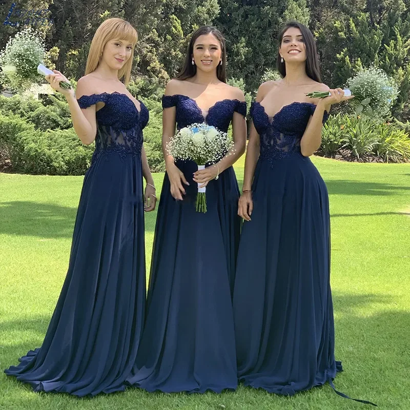 

Dark Blue Bridesmaid Dresses Long Off-the-shoulder Beading Lace Chiffon Wedding Guest Party Dress vestido de festa de casamento