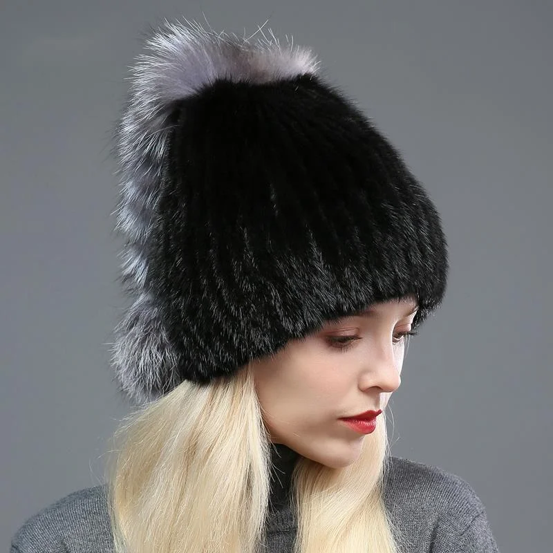 

Genuine Mink Fur Hat For Women In Winter Thickened And Warm Hat With Fox Fur Ball Knitted Bomber Caps Russian Real Fur Hats