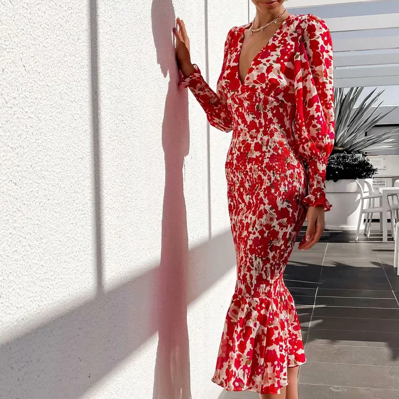 Women Autumn Fashion Sexy Pencil Dress Nice Long Sleeve V-Neck Floral Print Elasticity Female Elegant Vintage Street Dresses Red
Women Autumn Fashion Sexy Pencil Dress Nice Long Sleeve V-Neck Floral Print Elasticity Female Elegant Vintage Street Dresses Red
