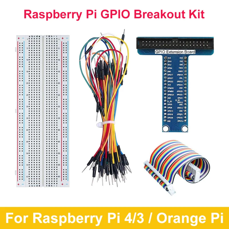

Raspberry Pi GPIO Breakout Kit T-Type Board 830-Tie Points Solderless Breadboard 40pin Ribbon Cable 65pcs Jumper Wire for RPi 4
