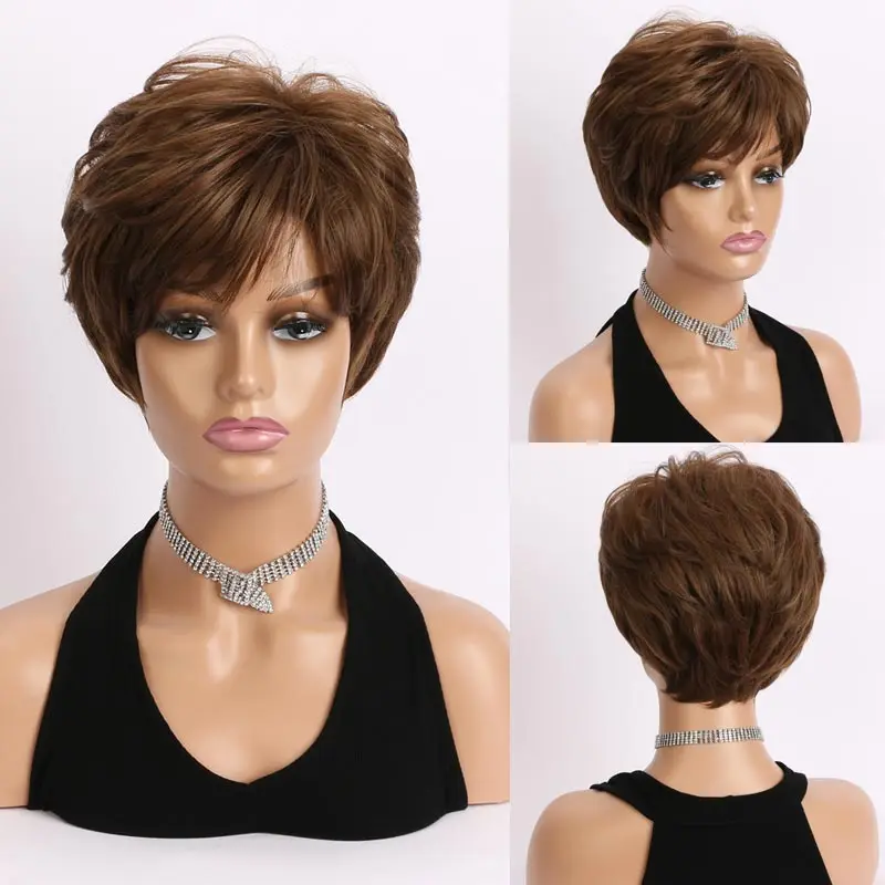 

Pixie Cut Hairstyle Short Brown Hair with Bangs Soft & Healthy Heat Resistant Synthetic Wig Mommy Daily Use Cosplay Party