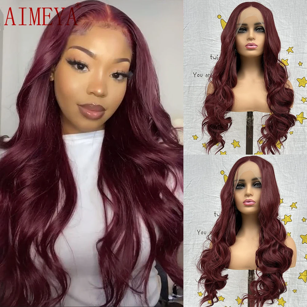 

AIMEYA Burgundy Wig Synthetic Lace Wigs For Women Long Body Wave Glueless Pre Plucked Hairline Wig With Baby Hair Cosplay Wigs