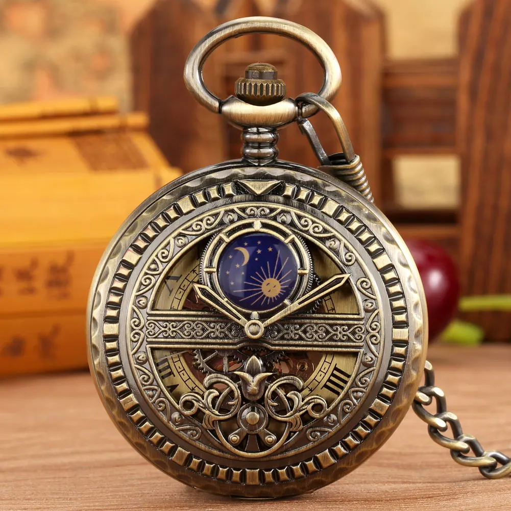 

Roman Numerals Dial Men's Mechanical Hand Winding Pocket Watch Bronze Half Hunter Sun Moon Decorated Pocket Chain Pendant Clock