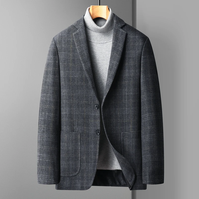 

Korean Style Men Plaid Wool Blazer Classical Gray Navy Brown Sheep Wool Suit Jacket Checkeded Pattern Coat Outfit Male Garment