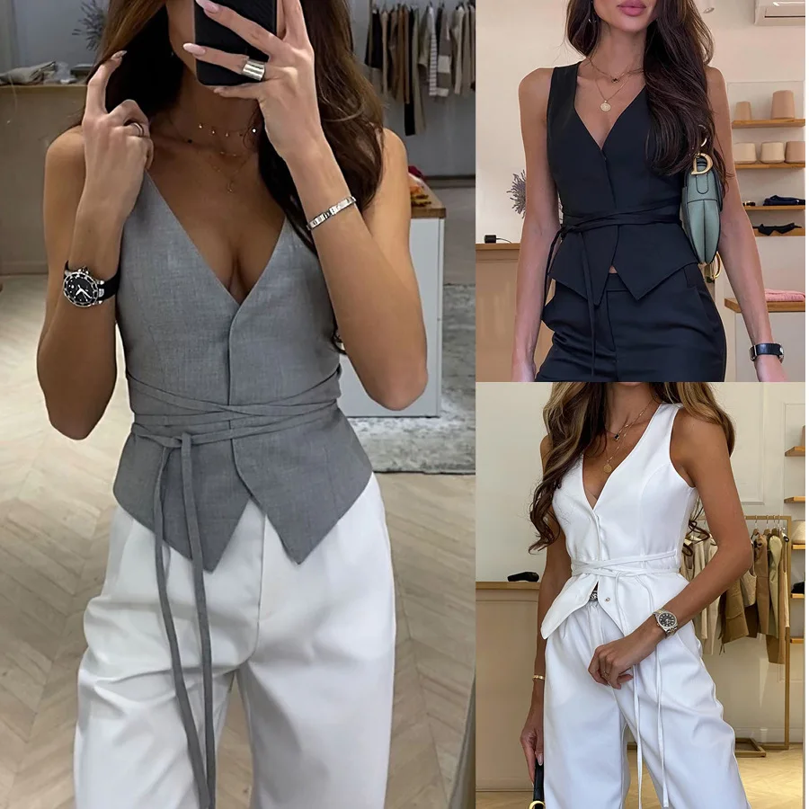 

2024 new Fashionable Sexy Women's Tops V-neck Vest Slim Sleeveless office Lady Vest Solid Color Lace-up tanks
