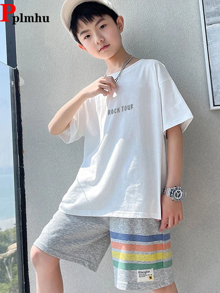 

Casual Summer Boys 2 Piece Sets O Neck Print T-shirts Tops + Baggy High Waist Short Sweatpants Fashion Children Conjuntos Cortos