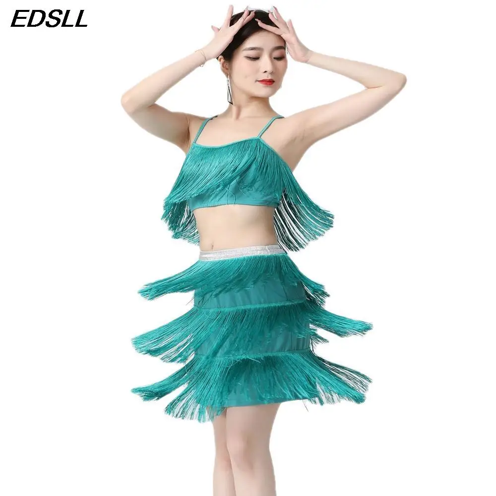 Womens Ballroom Latin Dance Tiered Tassel Dress Performance Practice Training Suit Women Necksling Tops Tassel Skirt Costume
Womens Ballroom Latin Dance Tiered Tassel Dress Performance Practice Training Suit Women Necksling Tops Tassel Skirt Costume