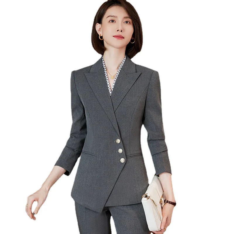 

Asymmetric Size S-4XL Women Pant Suit Business Work Wear Formal Two Pieces Set Single Breasted Blazer With Trouser For Winter
