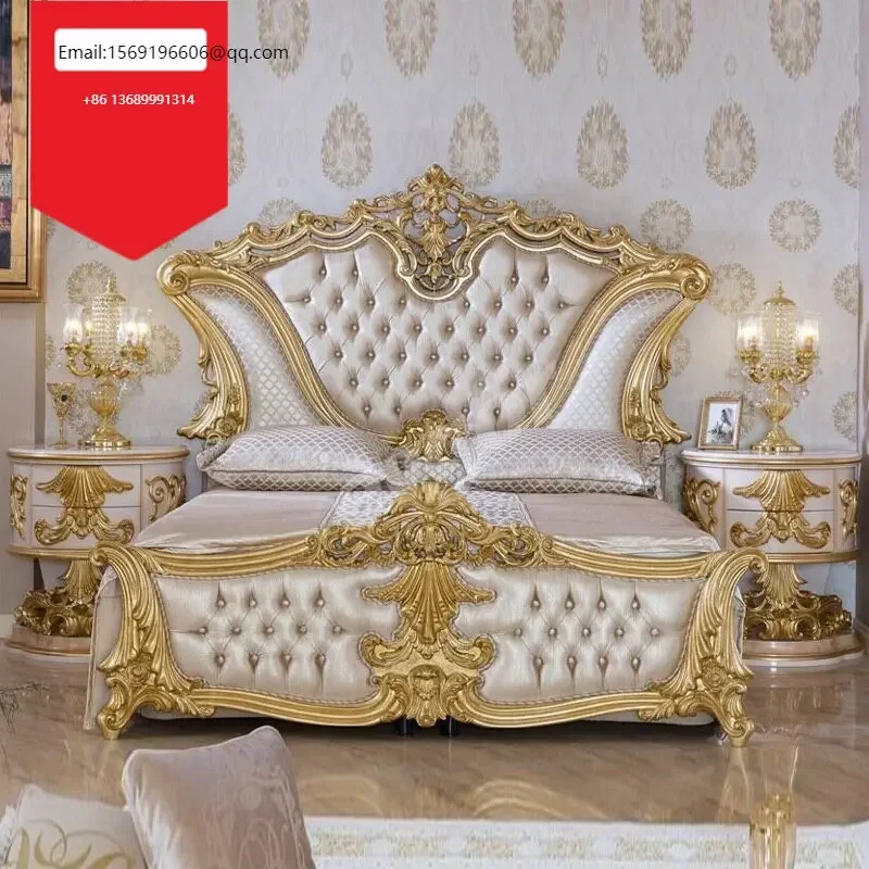 

Custom-made Italian leather villa solid wood carved double bed European luxury palace princess bed