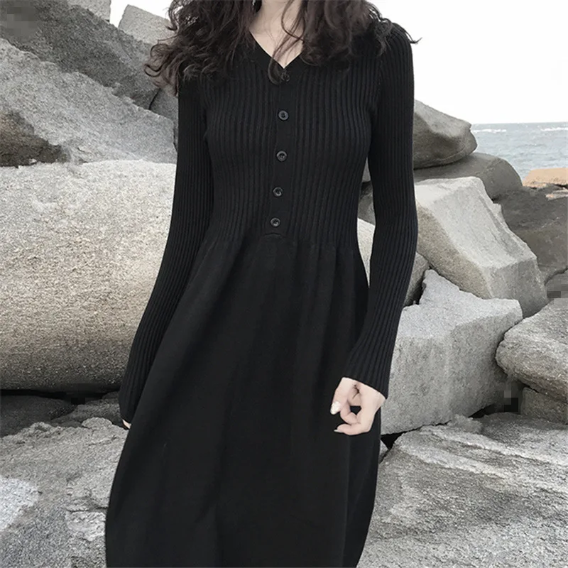 Women Black Single Breasted Knitted Maxi Dress Elegant Long Sleeve V Neck Casual Solid A Line Sweater Party Dresses 2023
Women Black Single Breasted Knitted Maxi Dress Elegant Long Sleeve V Neck Casual Solid A Line Sweater Party Dresses 2023