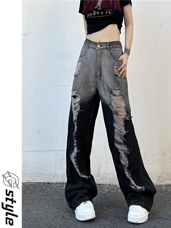 

Retro Jeans Women's Summer Wash Gradual Tears Holes High Waist Straight Loose and Slim Wide Leg Pants