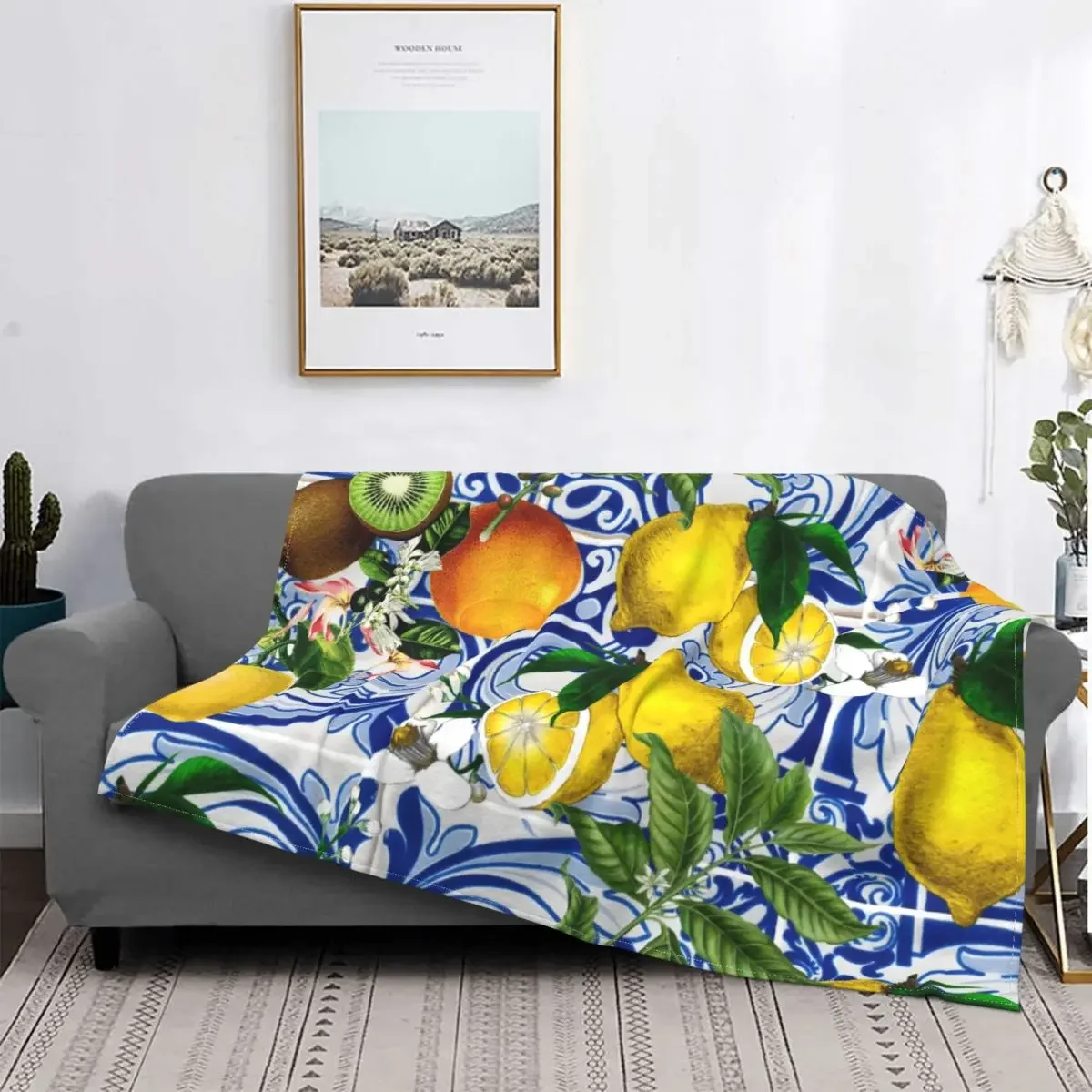 

Mediterranean Lemon On Blue Ceramic Tiles Blankets Warm Flannel Summer Citrus Fruit Throw Blanket for Bedroom Office Bedspreads