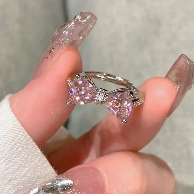 

Fashion Temperament Silver Color Pink Zircon Ring for Women Girl Birthday Gift Bowknot Sweet Jewelry Dropshipping Wholesale