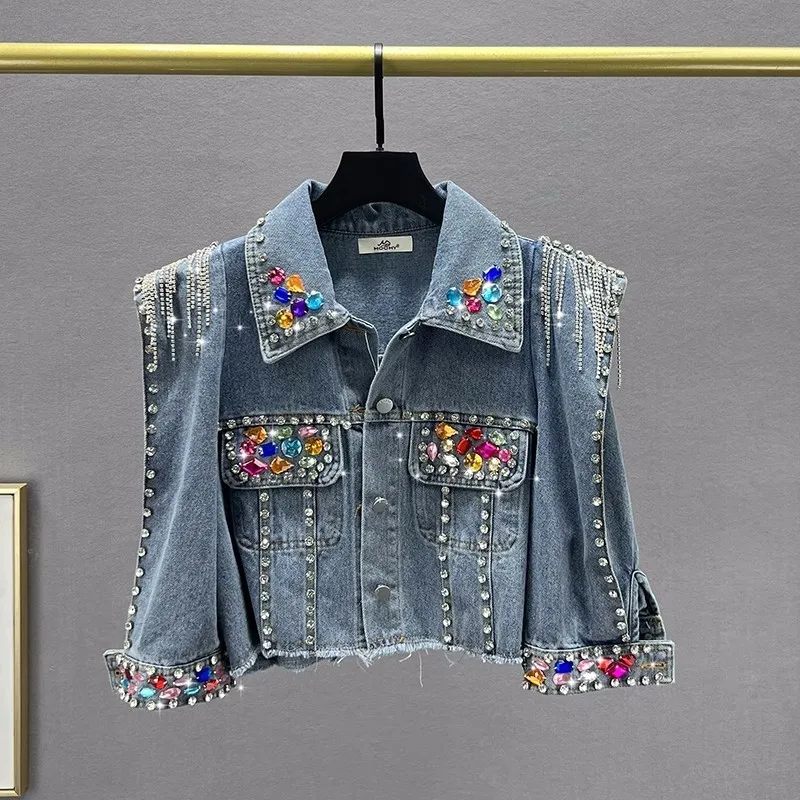 

Women Short Denim Jacket Coat Spring New Pearl Diamonds Chain Tassel Frayed Burrs Hem Half Sleeve Female Jeans Jacket Streetwear