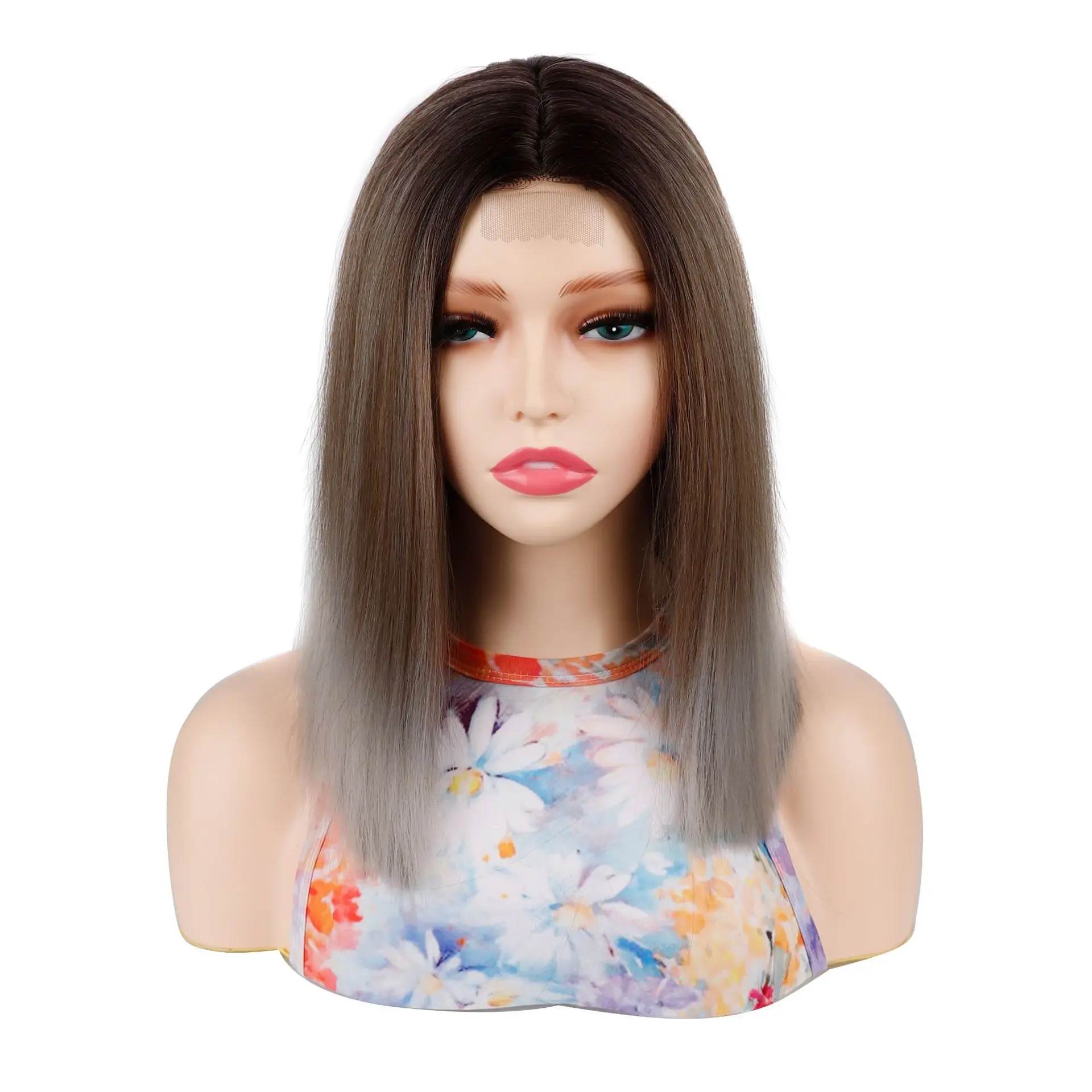 

Blonde Highlight Dark Brown Straight Synthetic Bob Wigs for Women Daily Party Cosplay Lolita Heat Resistant Fiber Hair