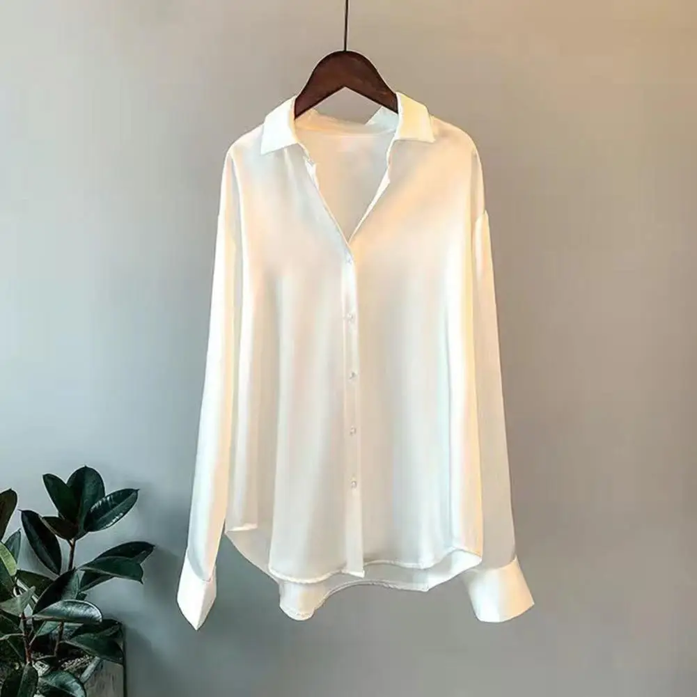 

Women Spring Fall Shirt Silky Satin Turn-down Collar Single-breasted Breathable Long Sleeve Formal Business OL Commute Blouse