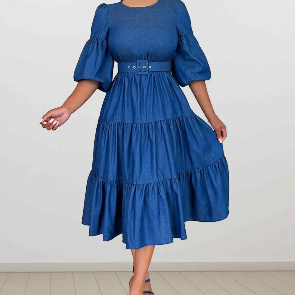 

Spring Dress Elegant A-line Midi Dress with Puff Sleeves Belted Waist Soft Patchwork Pleats for Women Round Neck Dress