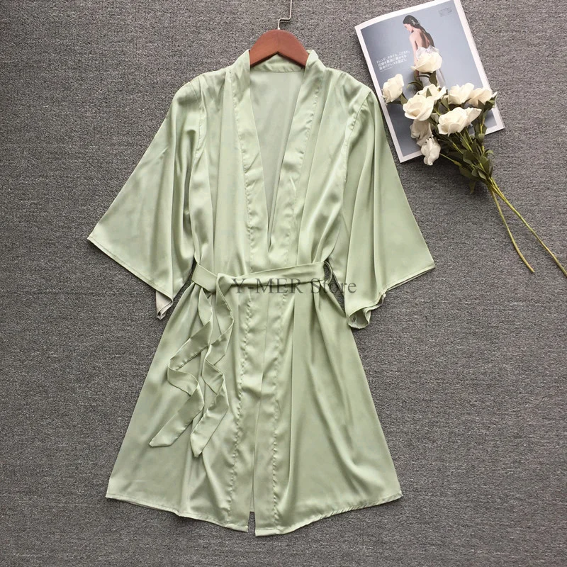 

Green Nightgown Solid Color Kimono Lady Elegant Bathrobe Satin Homewear Wedding Bridal Gift Sleepwear Sexy Intimate Lingerie